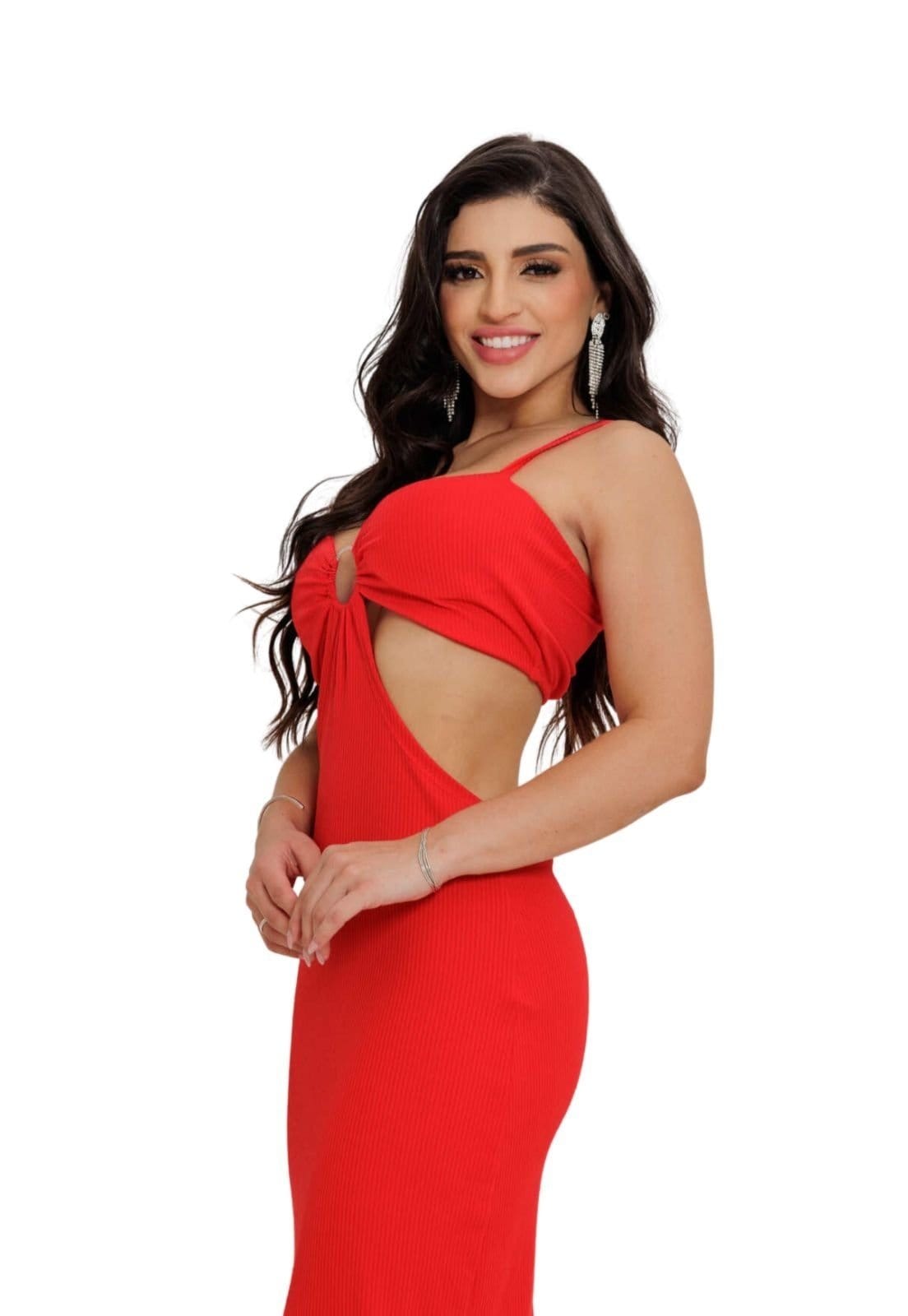 Vista 2 Vestido Longuete Alcinha Abertura Lateral Canelado Lianely Cia do Vestido vermelho