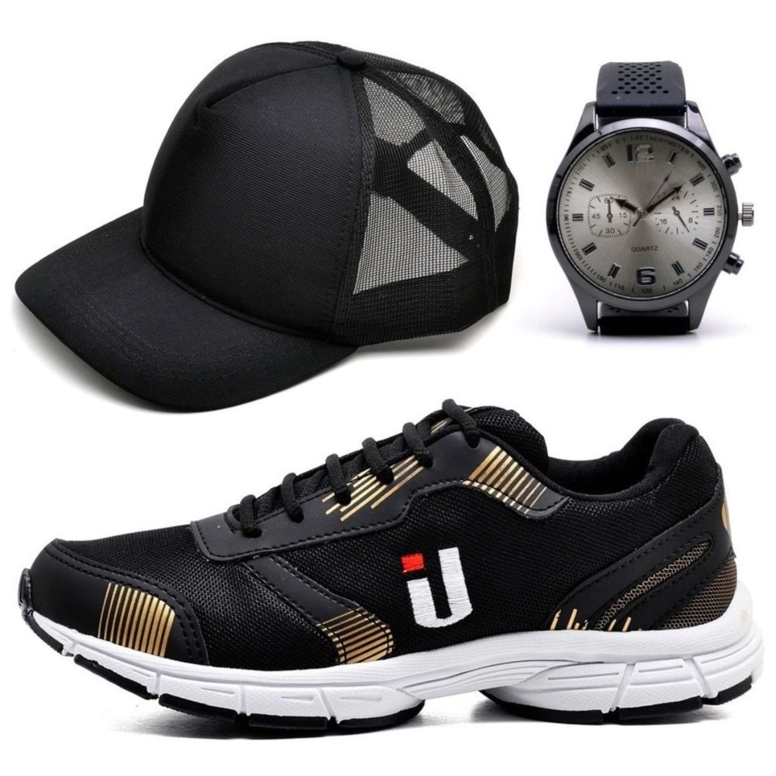 Combo Promocional Tênis Esportivo Masculino Para Caminhada e Academia Super Confortável e Macio e Mais Boné e Relógio