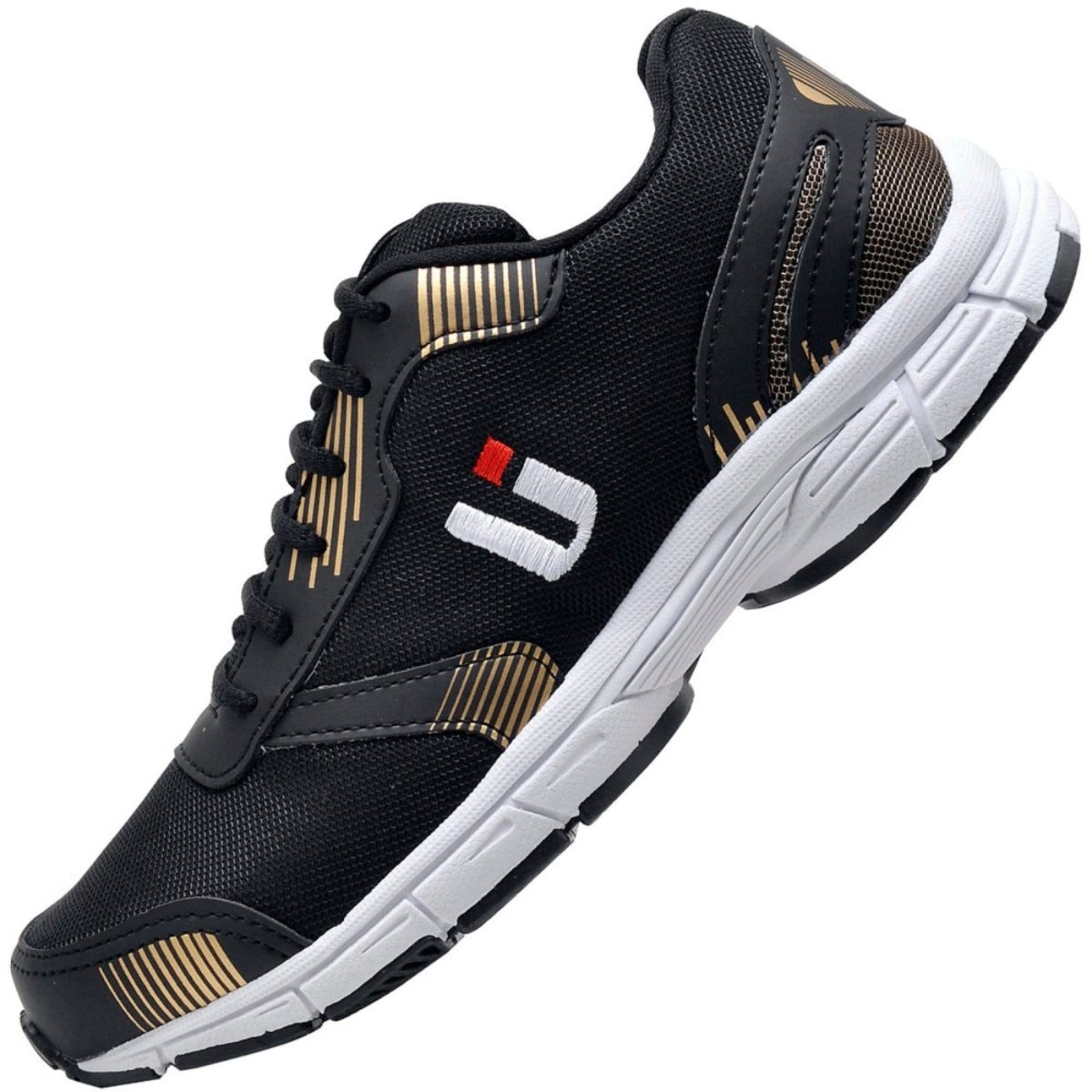 Vista 2 Combo Promocional Tênis Esportivo Masculino Para Caminhada e Academia Super Confortável e Macio e Mais Boné e Relógio OUSY SHOES dourado/preto