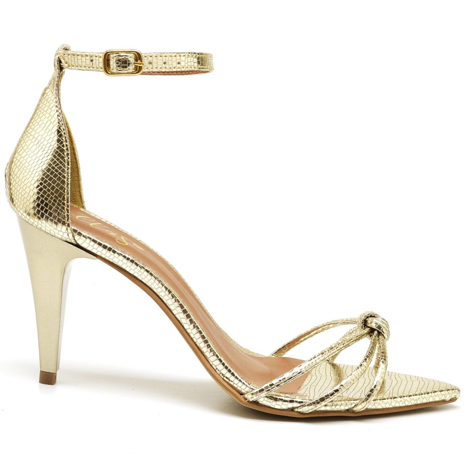 Vista 2 Sandália Bico Folha Salto Médio Lagarto Ella's ZAFREM dourado