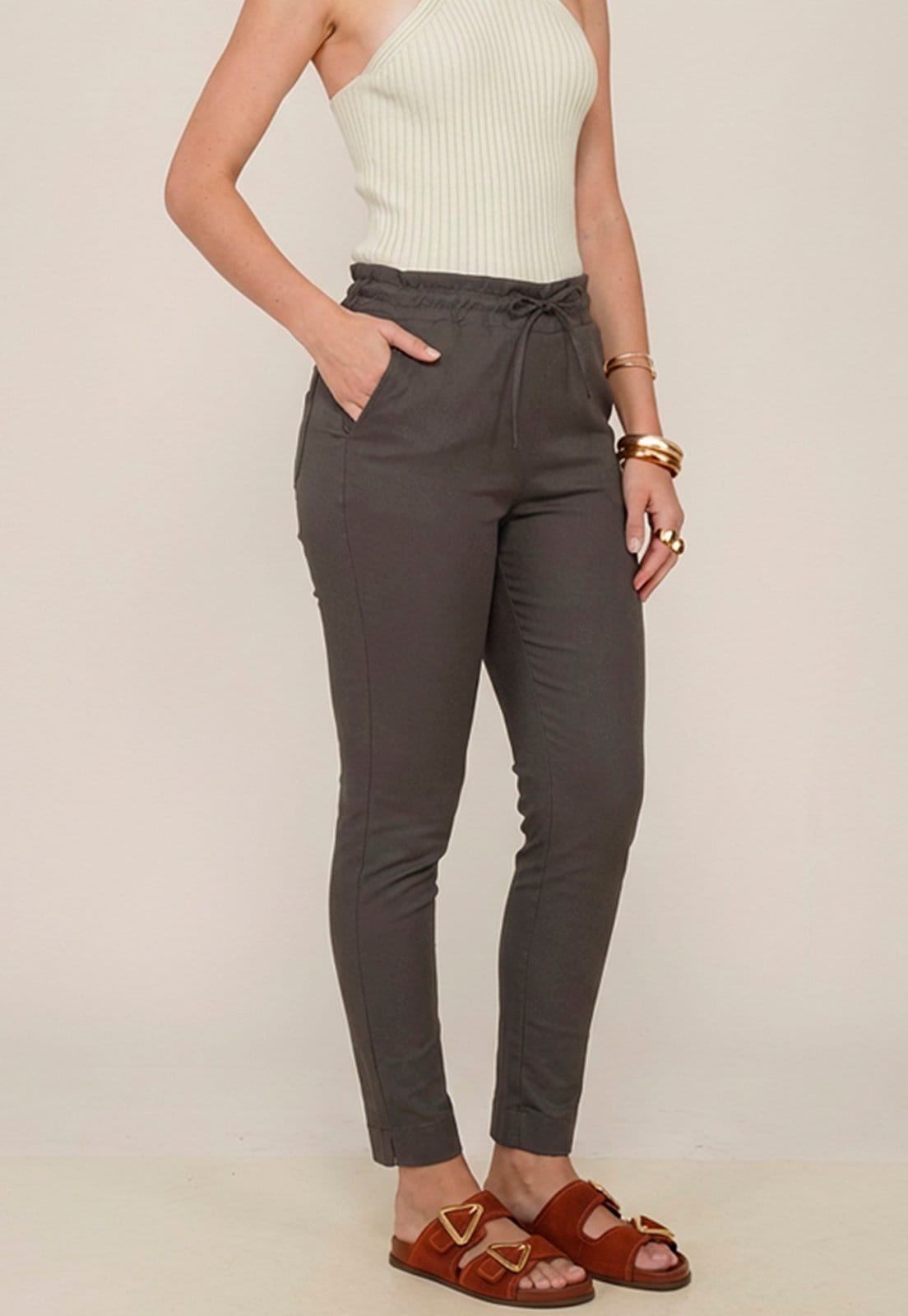 Calça Feminina Sarja Cintura Alta com Cordão Confortável Casual Versátil Chumbo