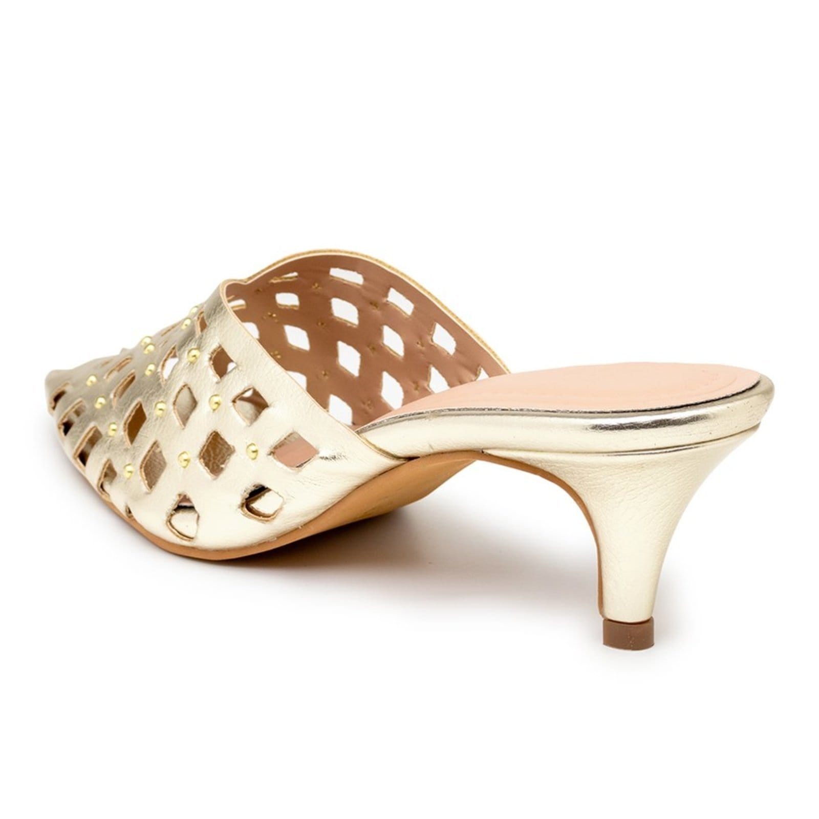 Vista 2 Tamanco Mule Feminino Bico Fino Salto Baixo 6034 Ouro Light Flor da Pele dourado