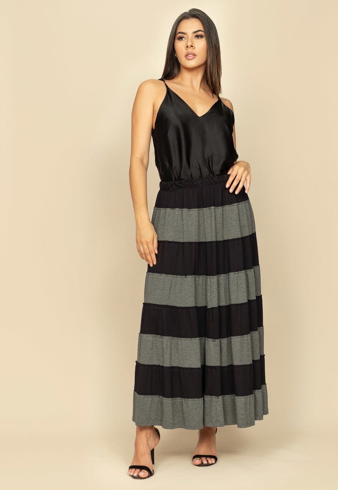 Saia Midi Cajapió Malha Camadas Bicolor Preta e Mescla