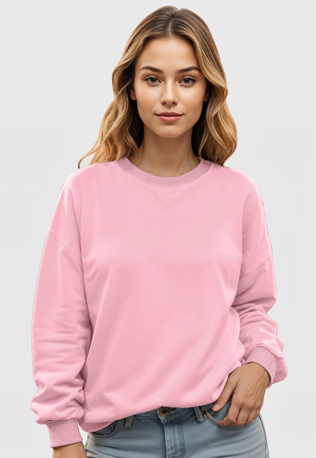 Vista 2 Blusa de Frio Moletom Feminino Flanelado Benellys Liso Gola Redonda Claro Benellys rosa