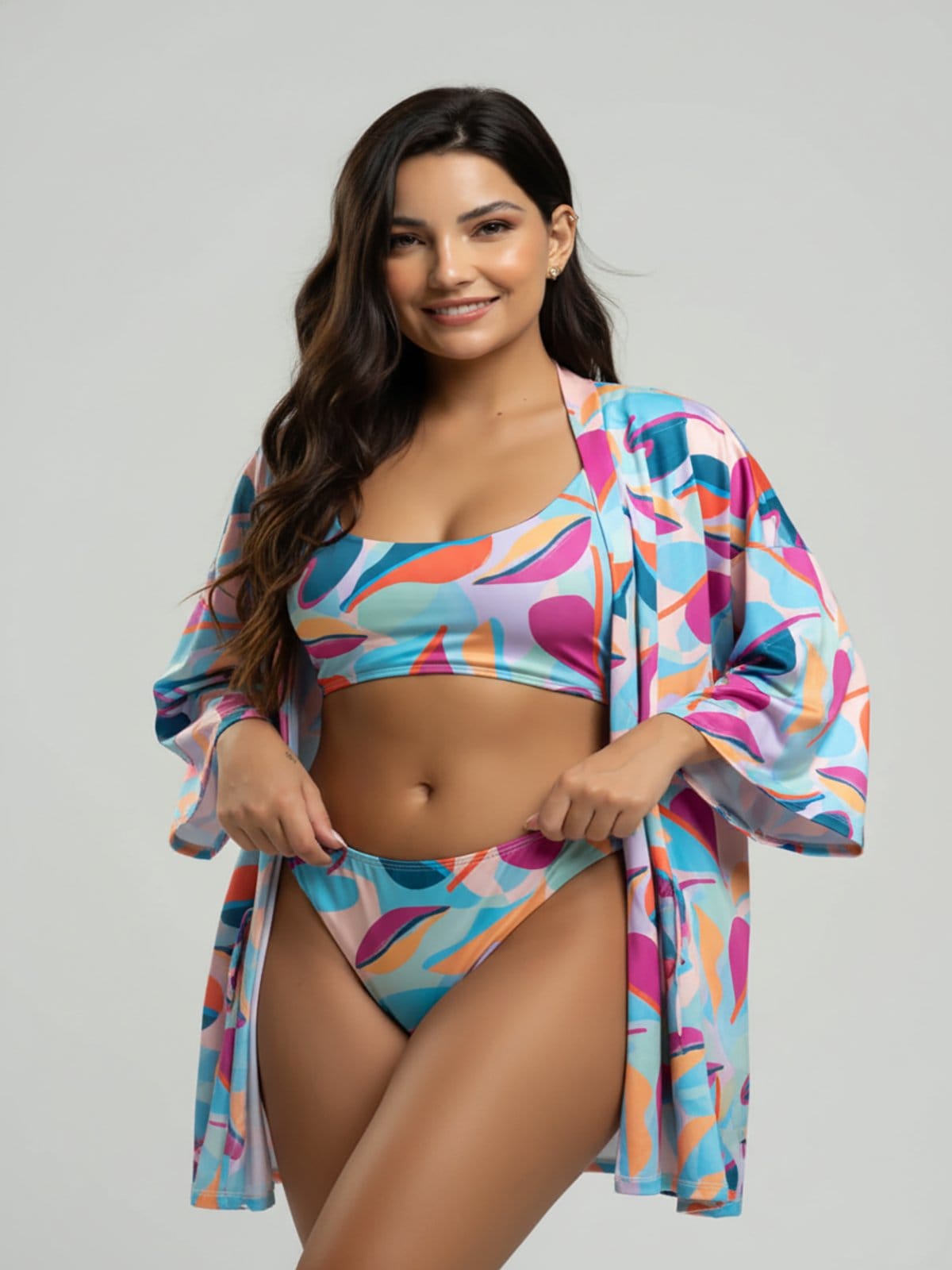 Conjunto Vicbela Biquíni Top Faixa Bojo Removível Fio Duplo Asa Delta + Saída de Praia Kimono Colorido