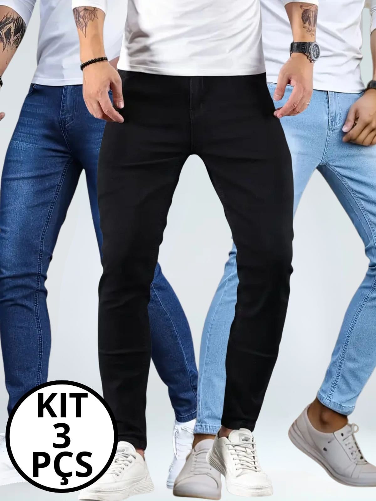 Kit 3 Calças Masculina Skinny Kovali Casual Premium Confortável com Elastano e Preto