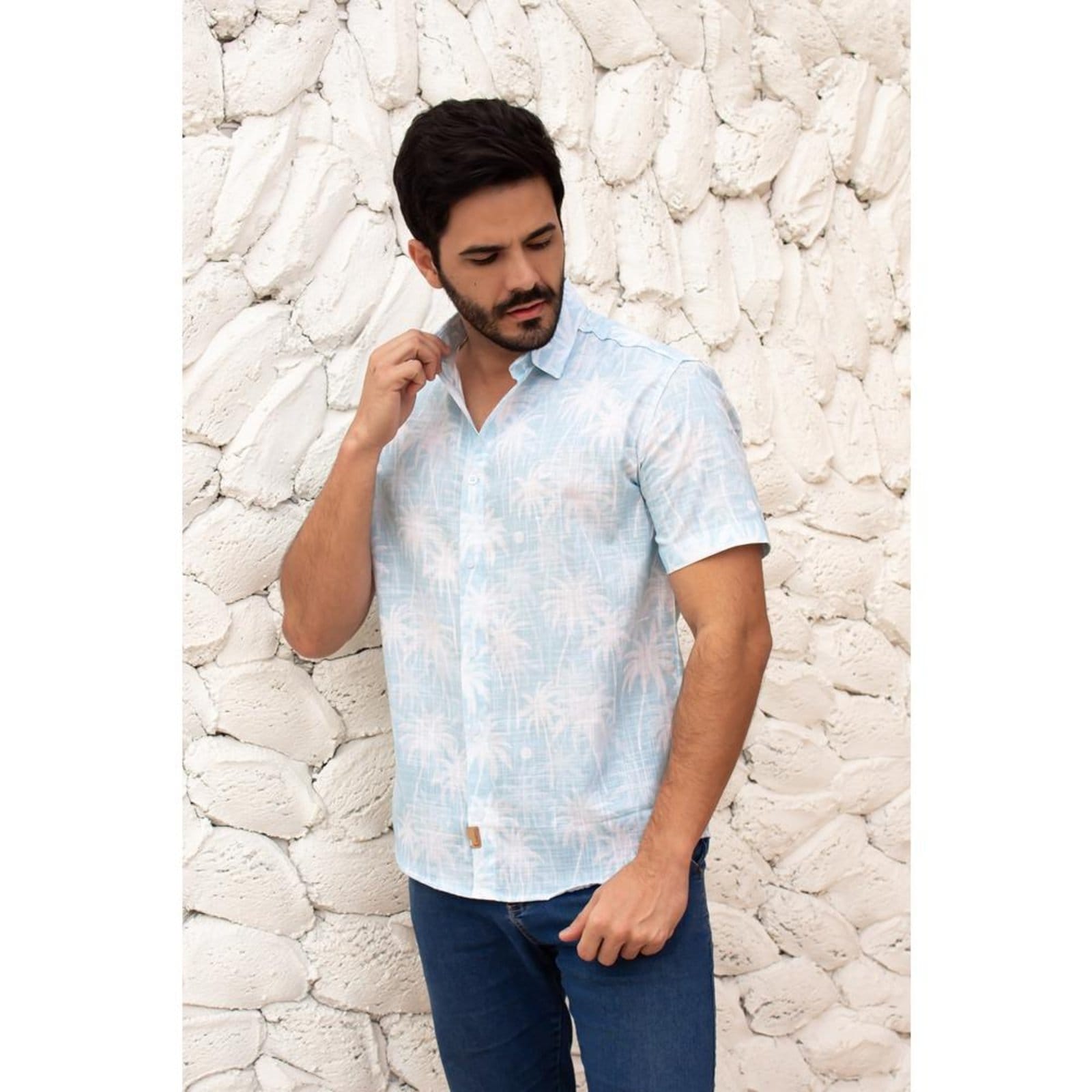 Vista 2 Camisa Masculina Manga Curta De Linho Floral Branca TEODORO CAMISARIA branco