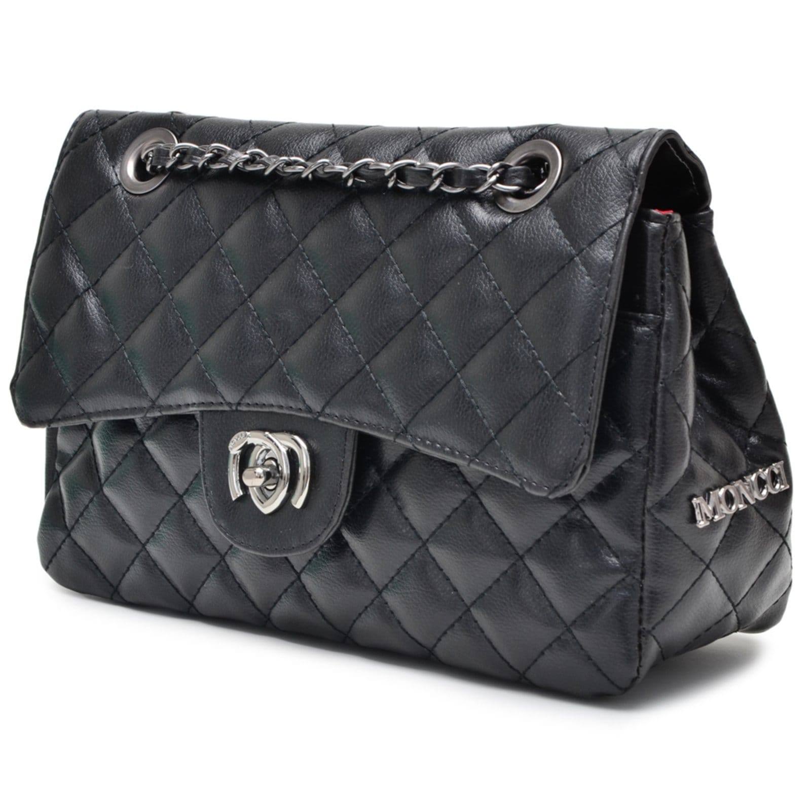 Vista 2 Bolsa Feminina Média Bordada Matelassê Alça de Corrente Moncci Mônaco Preta MONCCI preto