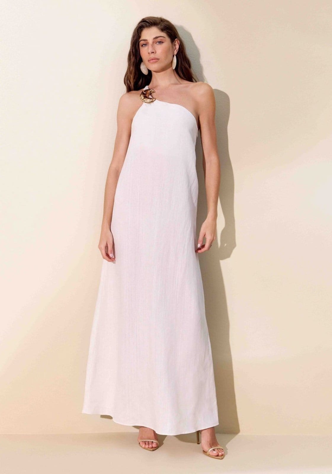 Vestido Super Midi Ombro Único Com Linho