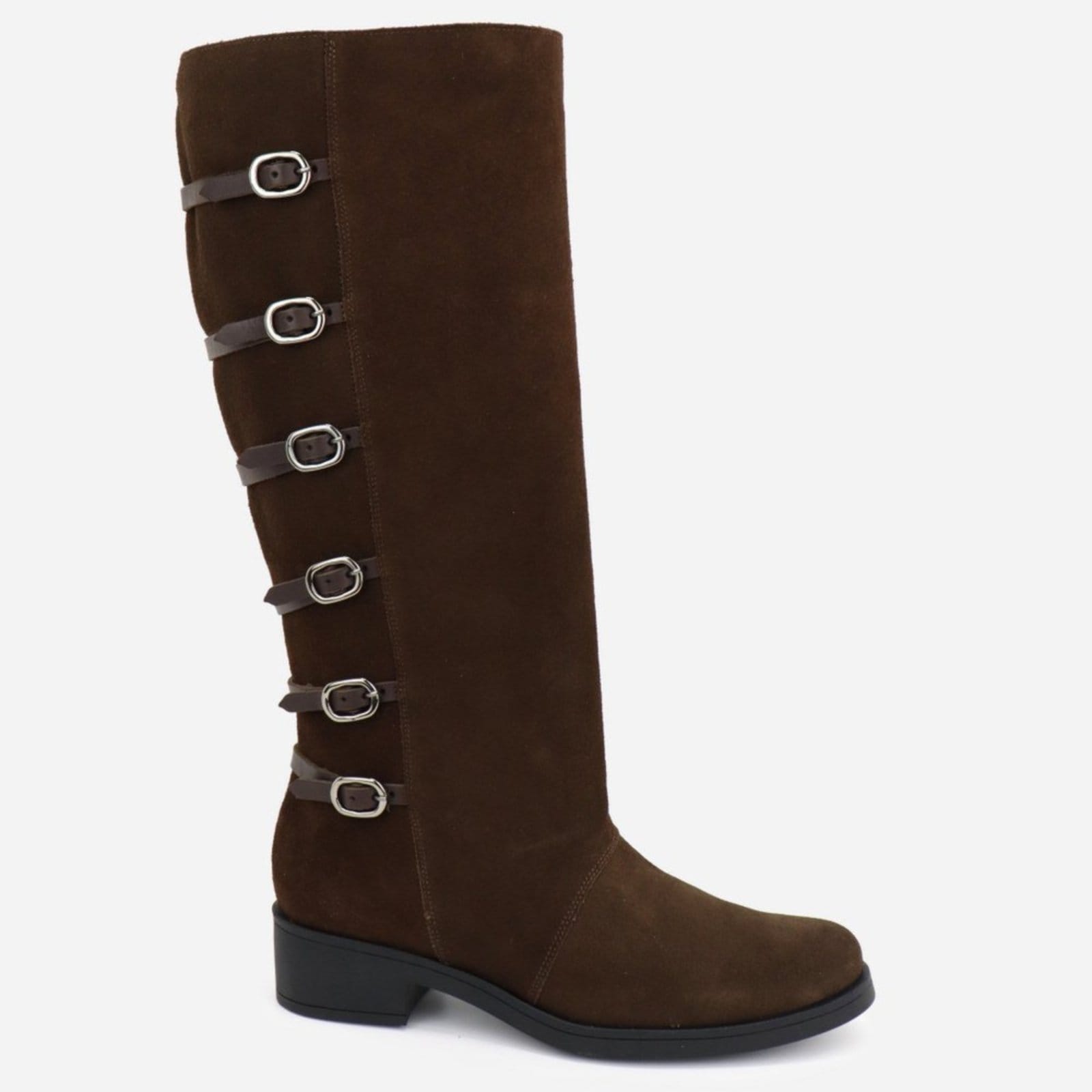 Vista 2 Bota Cano Longo Montaria Feminina Couro Legitimo Fivelas Ajustáveis Couro Conforto Camurça Expresso MARIA PAULA café