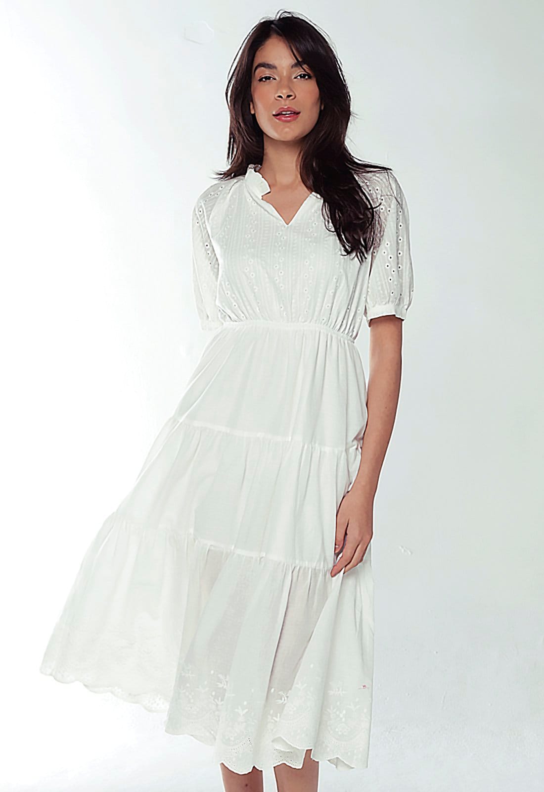 Vista 2 Vestido Midi de Laise de Algodão com Mangas SOB branco