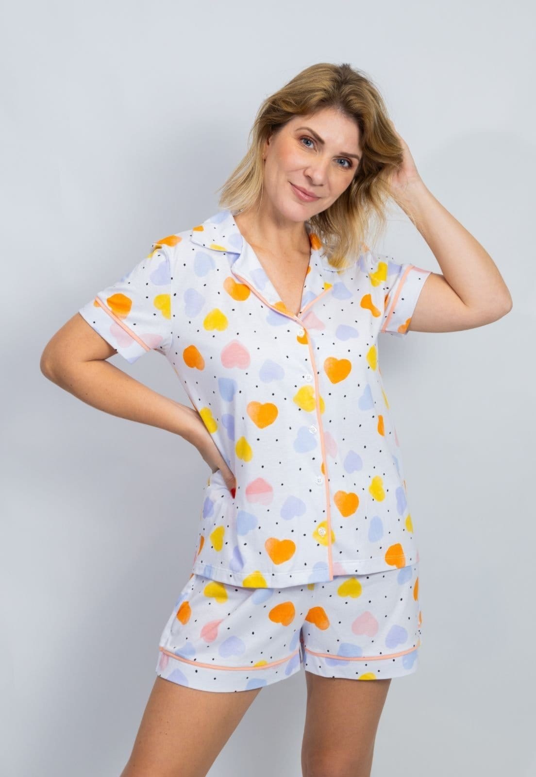 Vista 2 KIT Pijama Americano Curto Coração Colorido + Pijama Americano Curto Listrado Piante verde