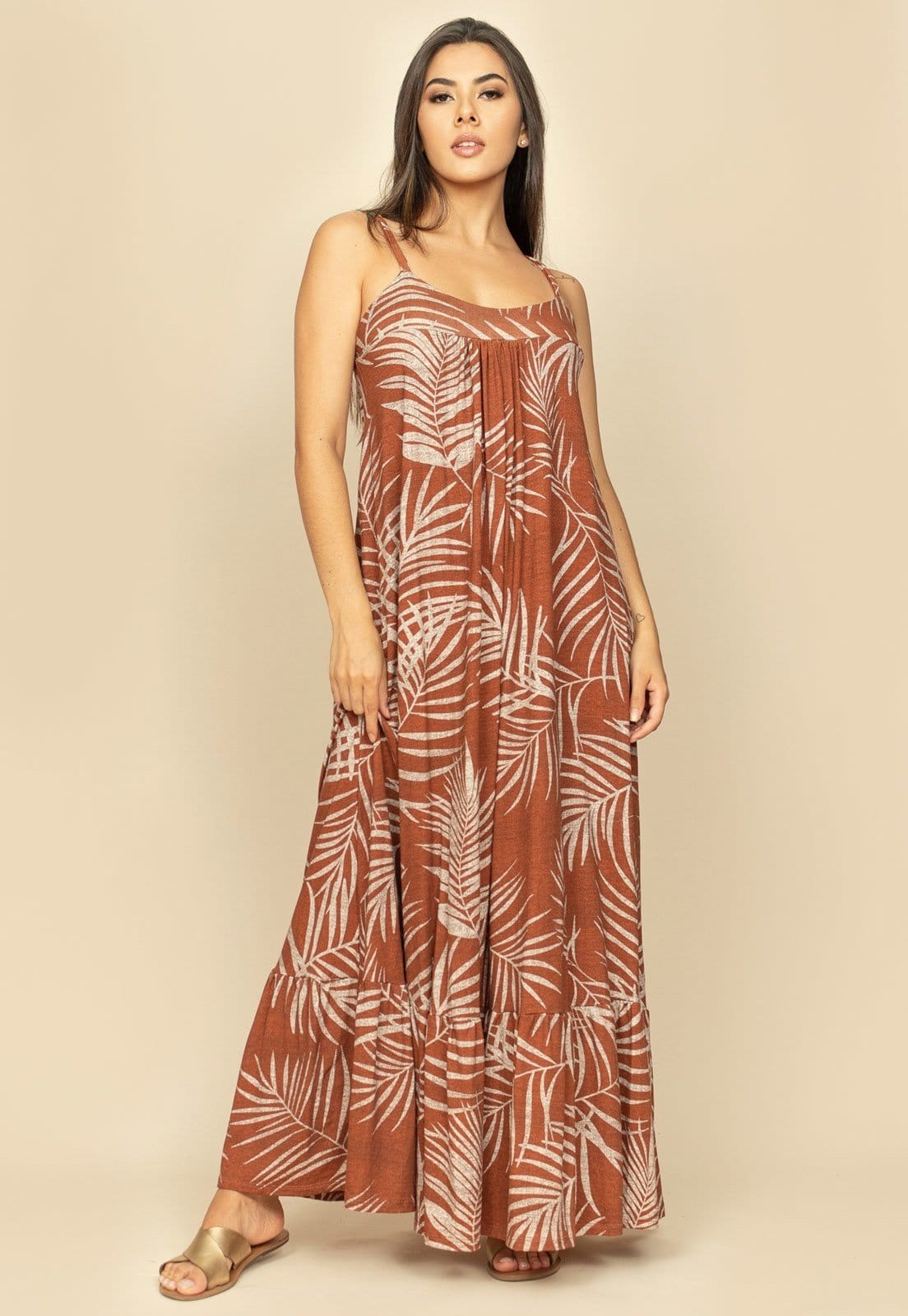 Vista 2 Vestido Longo Jataí Trapézio Malha Camadas Estampa Palmas Terra Amazonia Vital estampado/marrom/multicolorido