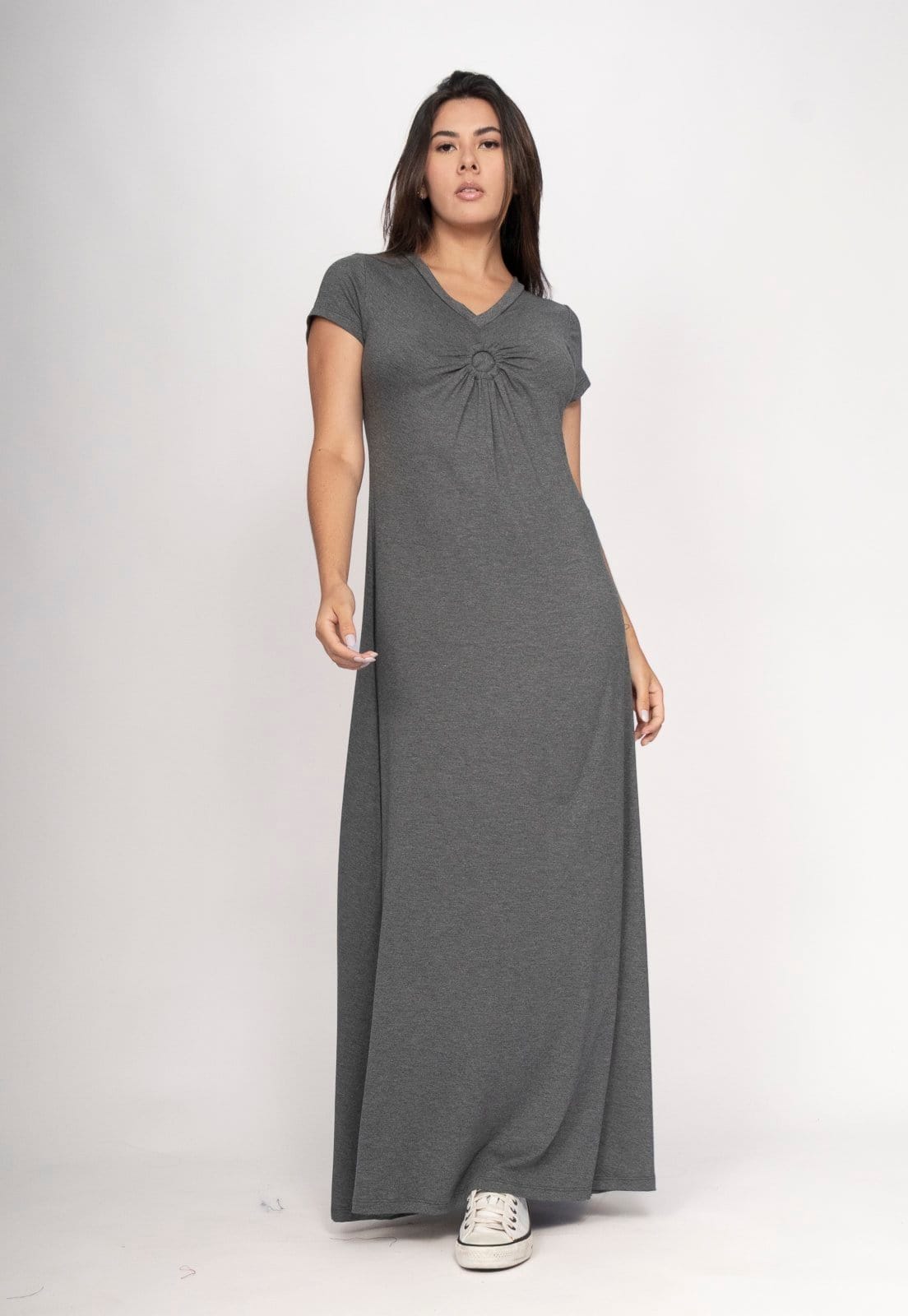 Vista 2 Vestido CabanaFree Coema Longo Malha Detalhe no Busto Mescla Cabanafree cinza