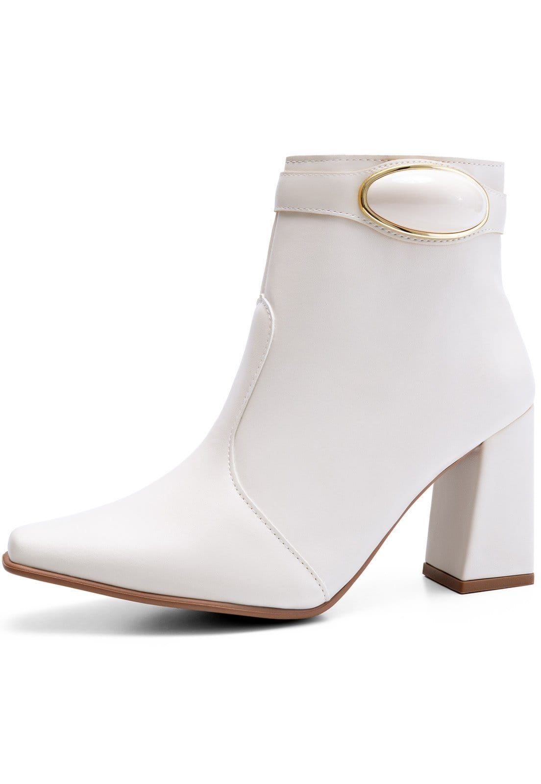 Bota Feminina Lumiss Cano Curto Salto Alto Bloco Enfeite Metalizado Off White