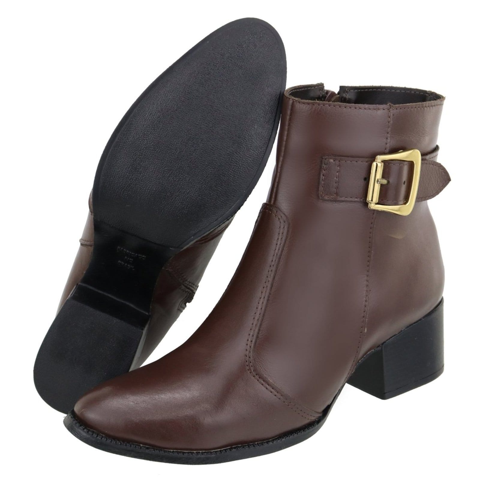 Vista 2 Bota em Couro Feminina Salto Cano Baixo Fivela Bico Fino Chocolate TELLINI STORE marrom