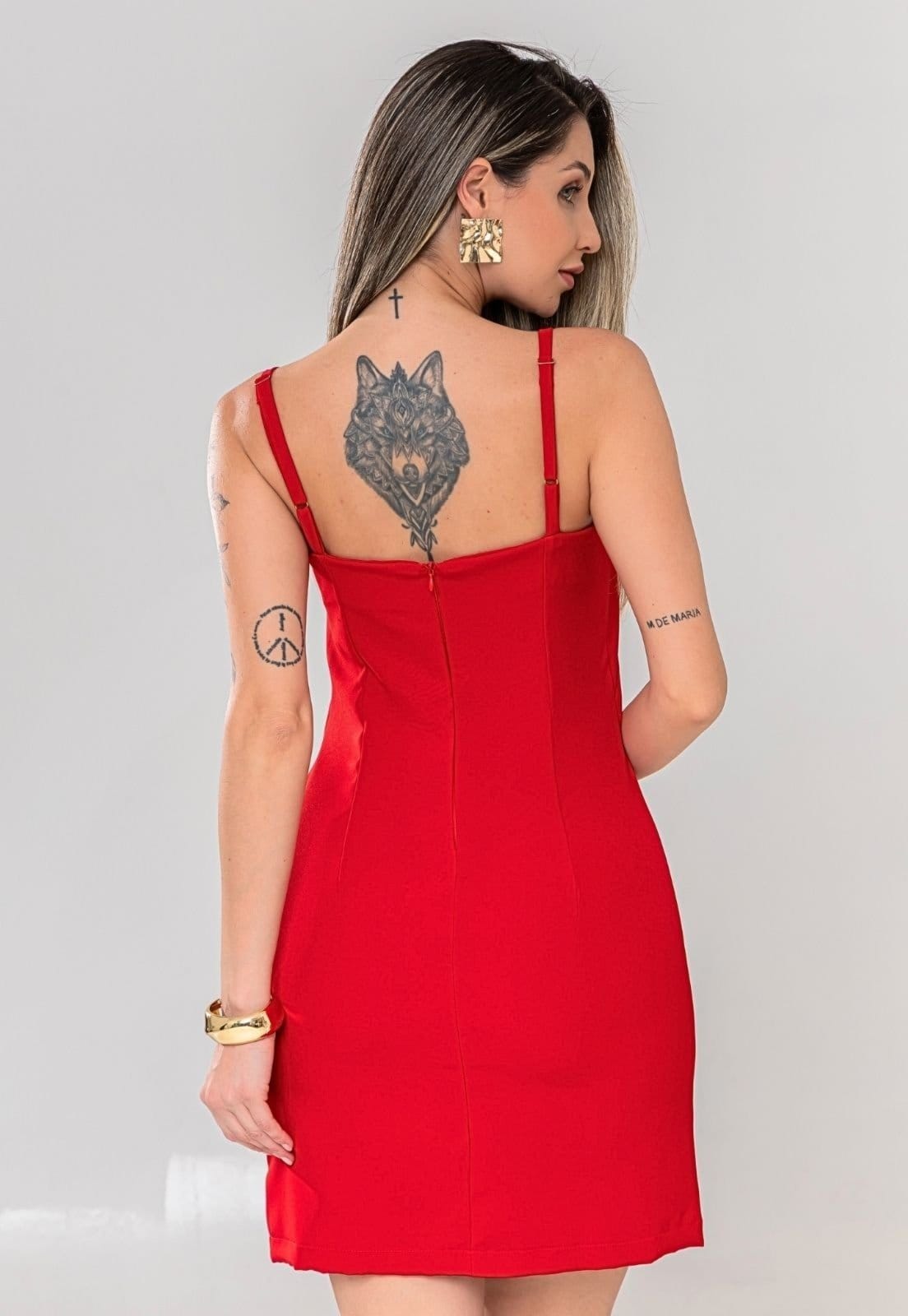Vista 2 Vestido Curto Liso Casual Chique Alça Reguladora Moda Verão Cor Docce Mulher vermelho