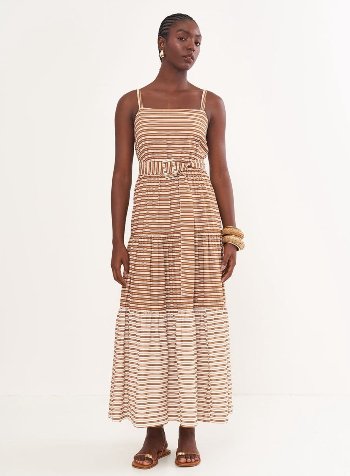 Vestido Longo Listrado Acinturado Colcci