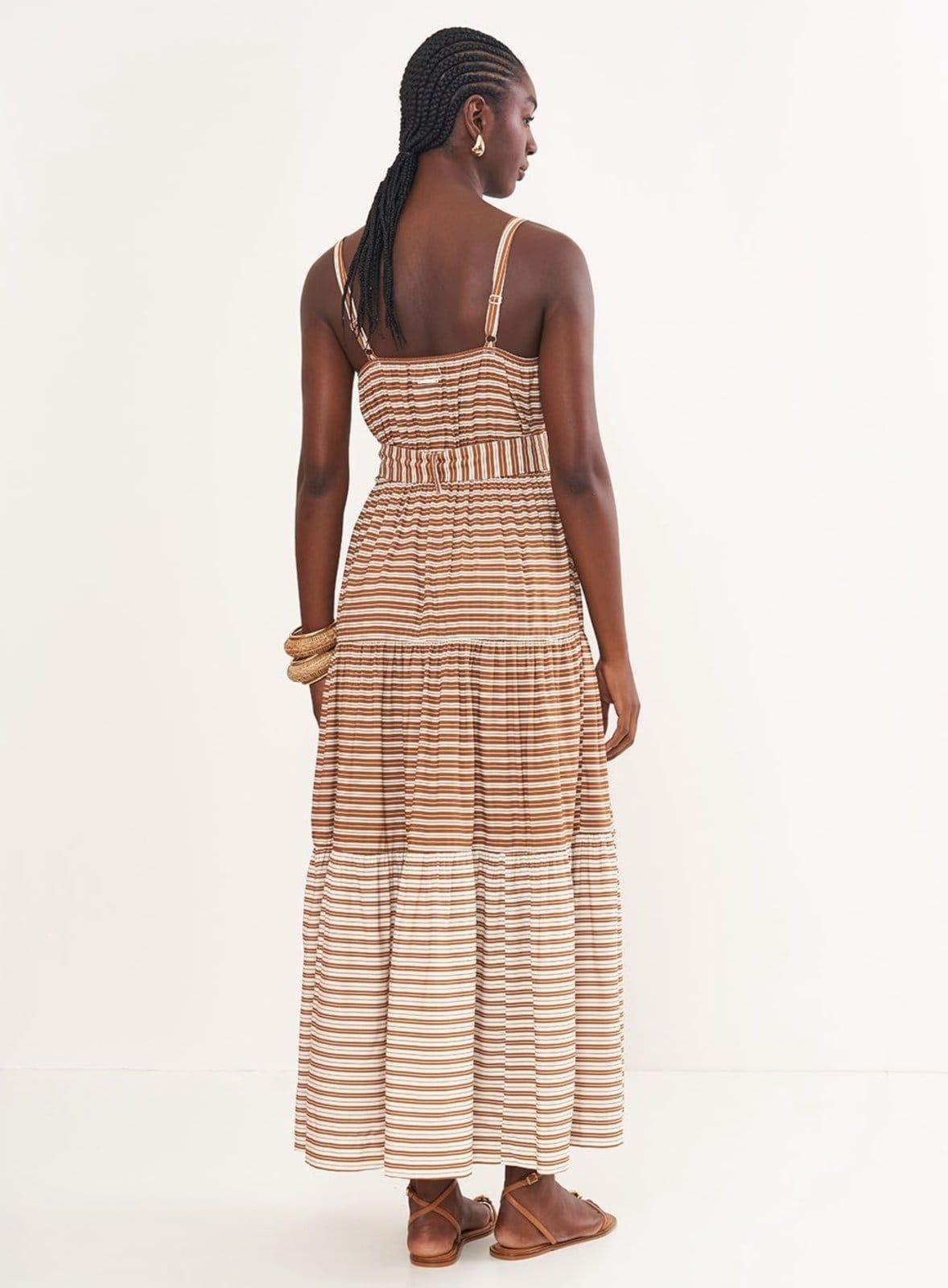 Vista 2 Vestido Longo Listrado Acinturado Colcci Colcci bege