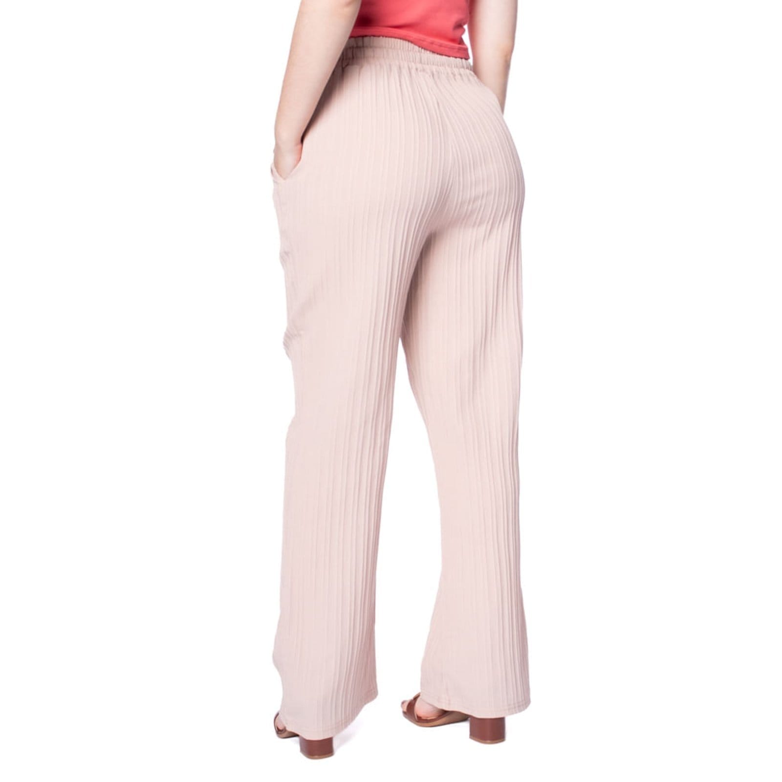 Vista 2 Calça Feminina Facinelli Wide Leg Textura Listras Claro Facinelli rosa
