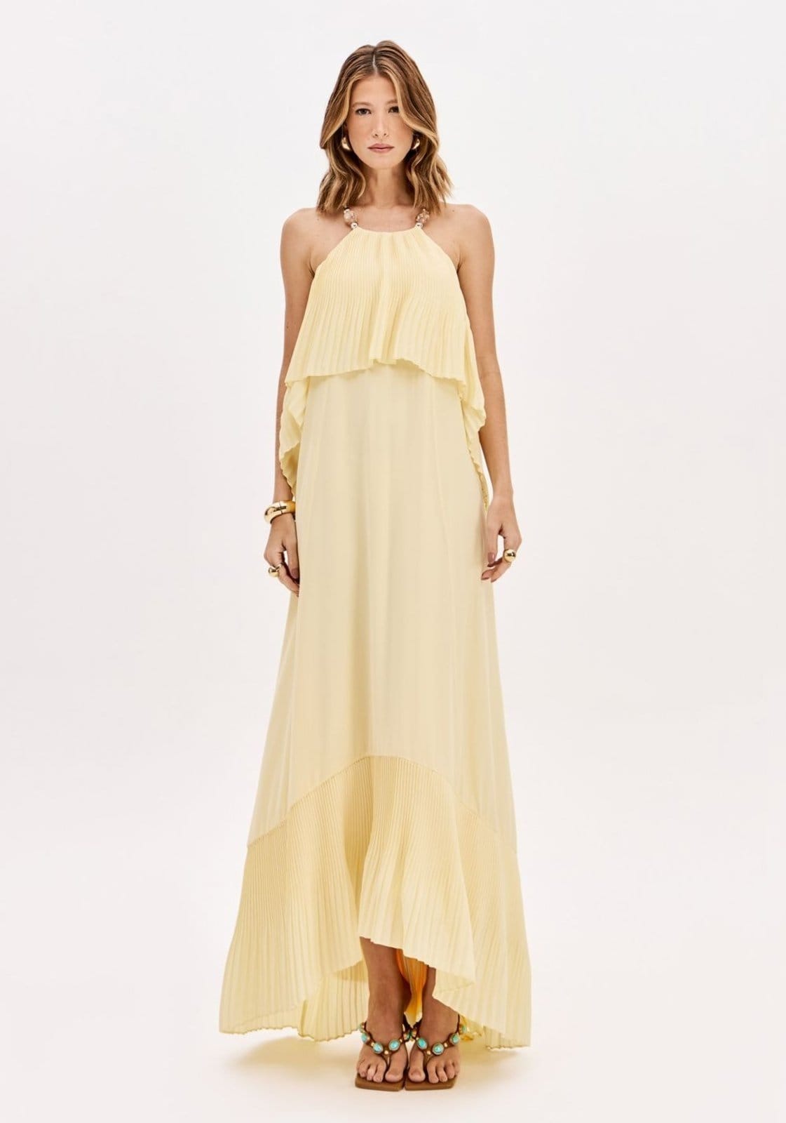 Vestido Longo Plissado Com Babado