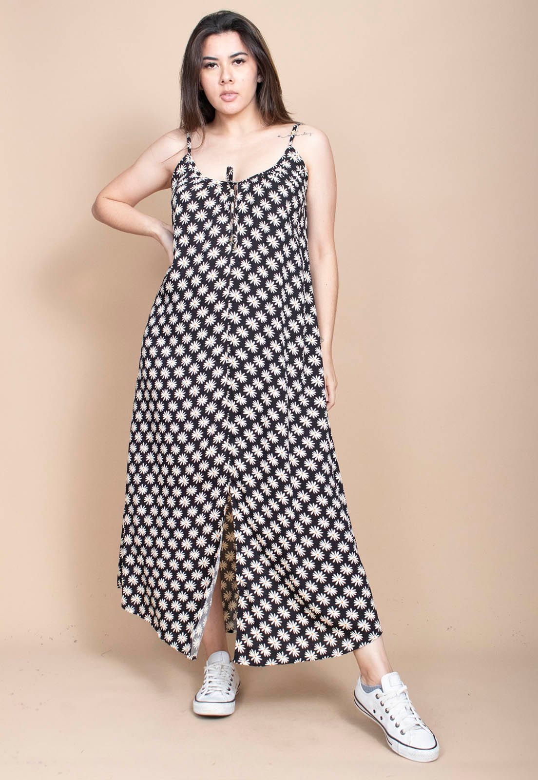 Vista 2 Vestido Longo Cabanafree Caçuá Viscose Alça Fina Estampa Encanto das Margaridas Cabanafree branco/estampado