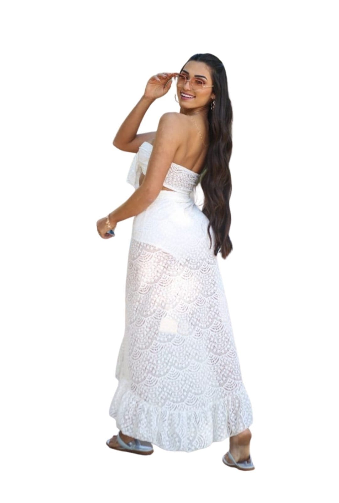 Vista 2 Conjunto Safira Hot Panties Ano Novo Renda Cia do Vestido branco