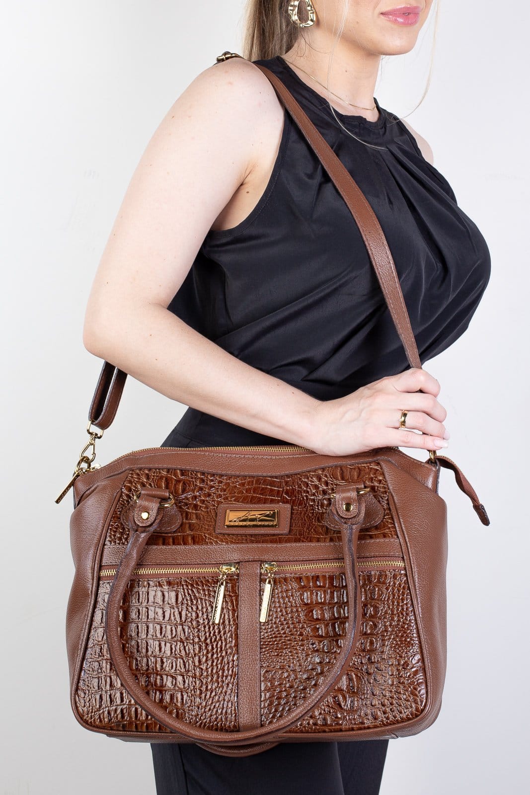 Vista 2 Bolsa de couro croco Luana - Whisky Andrea Vinci caramelo