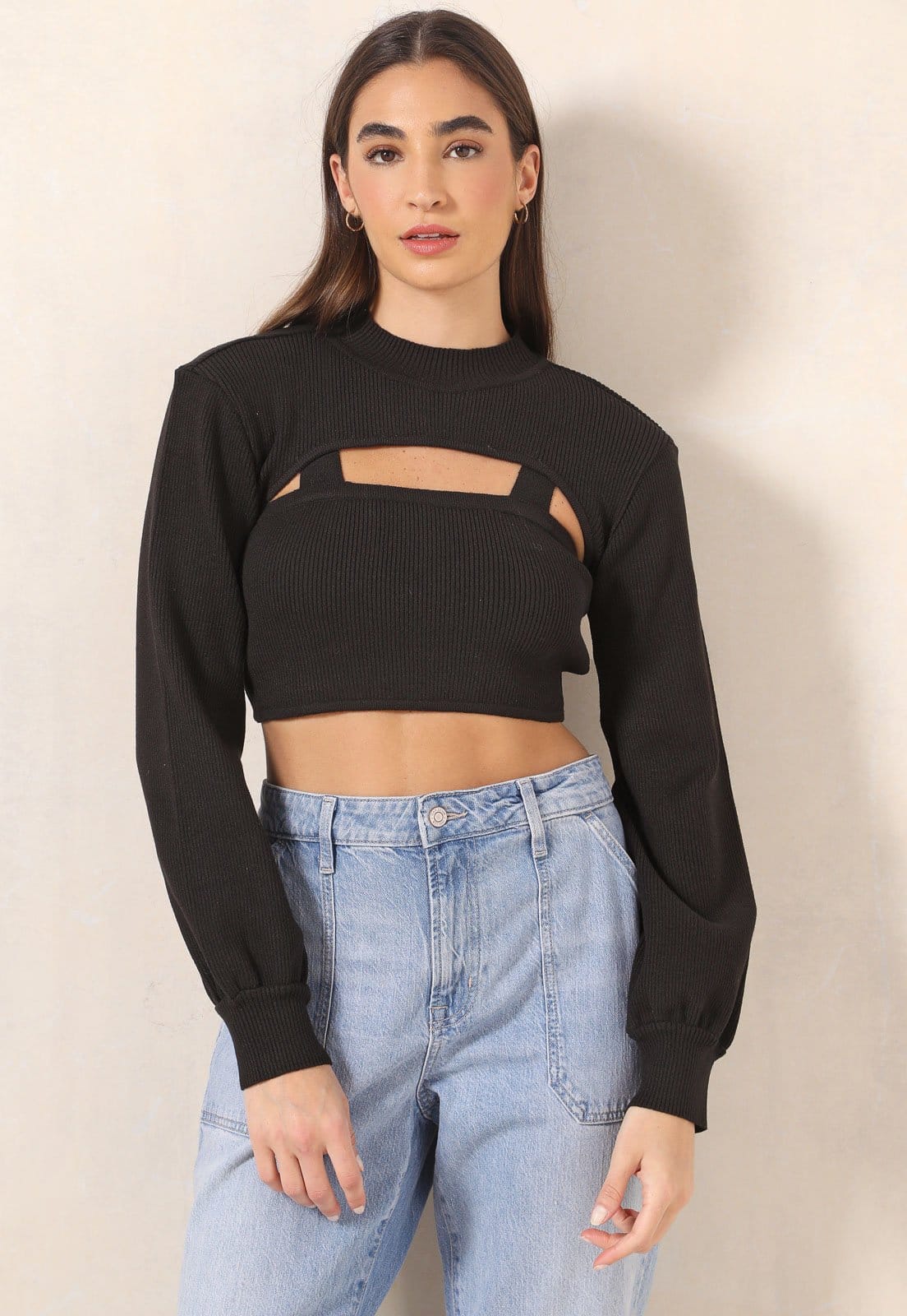 Blusa Cropped Tricot Morena Rosa Manga Bufante Preta