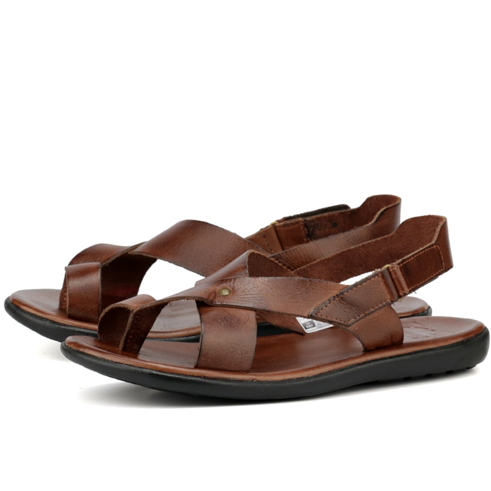 Vista 2 Sandália Couro Casual Masculina Palmilha Comfort Forro Couro Versátil Ajustável Leve Macia Tabaco FRANCA GRIFFE marrom