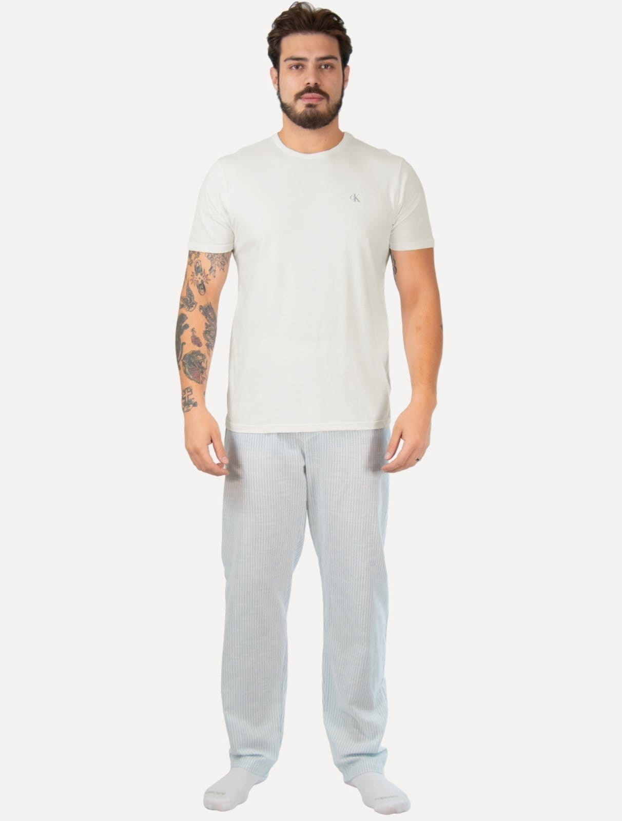 Pijama Calvin Klein Calça 1996 Fashion Stripe Off / Azul Claro