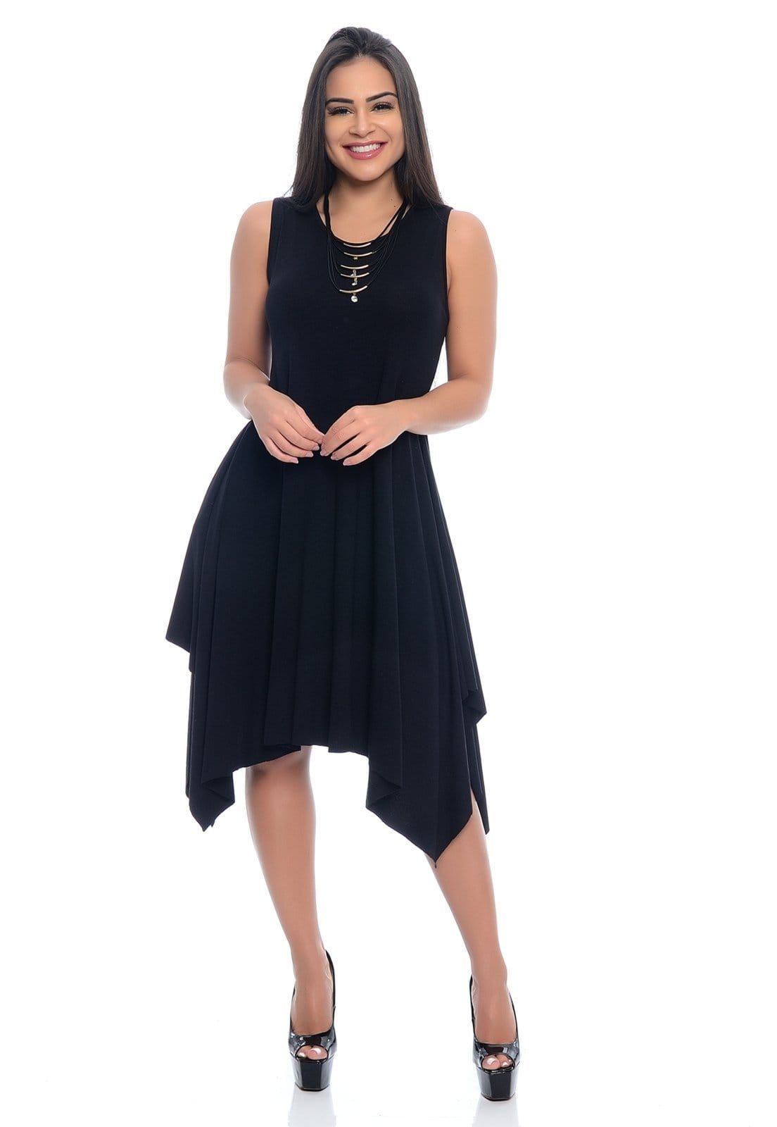 Vestido Midi Sem Manga Assimétrico Decote Redondo B'Bonnie Mabel