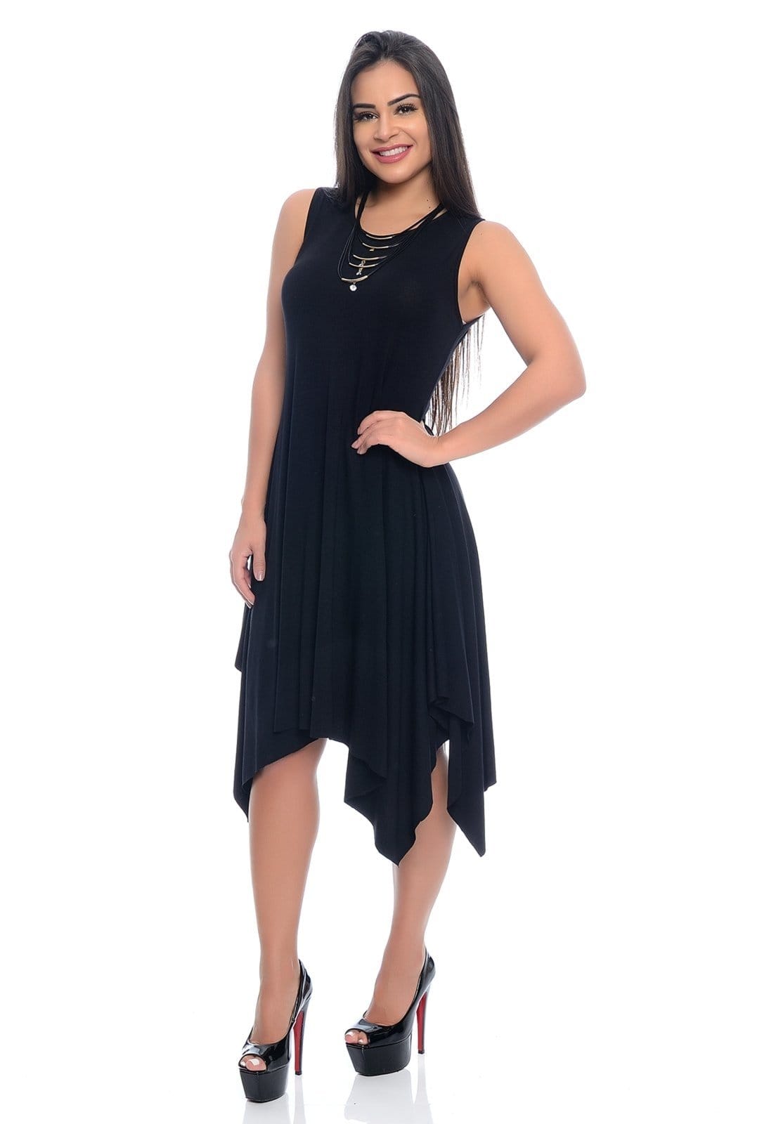 Vista 2 Vestido Midi Sem Manga Assimétrico Decote Redondo B'Bonnie Mabel BBonnie preto