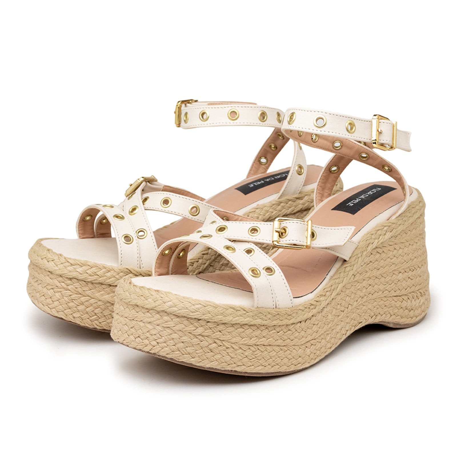 Vista 2 Sandália Feminina Anabela Plataforma Ilhós 9101 Off White Flor da Pele off-white white