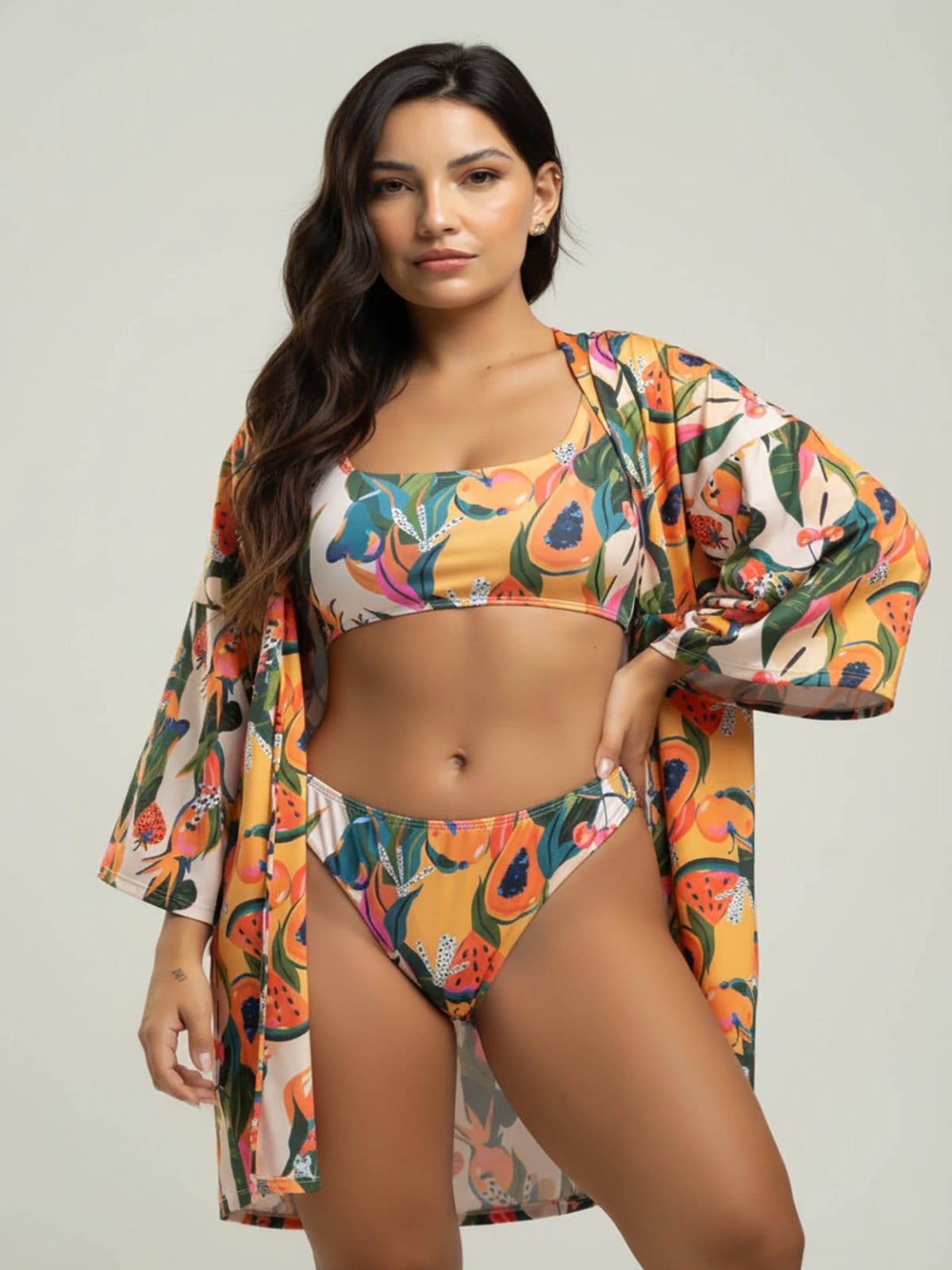 Conjunto Vicbela Biquíni Regata Fio Duplo Asa Delta + Saída de Praia Kimono Mamão