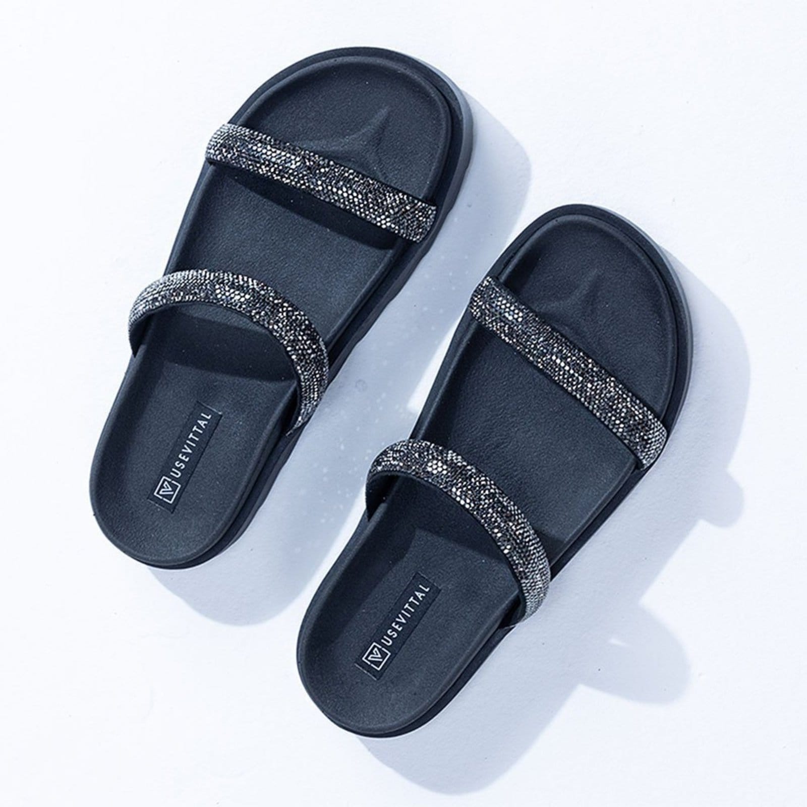 Vista 2 Sandália Papete Feminina Preta Strass Brilho Flatform Tiras Conforto USE VITTAL preto