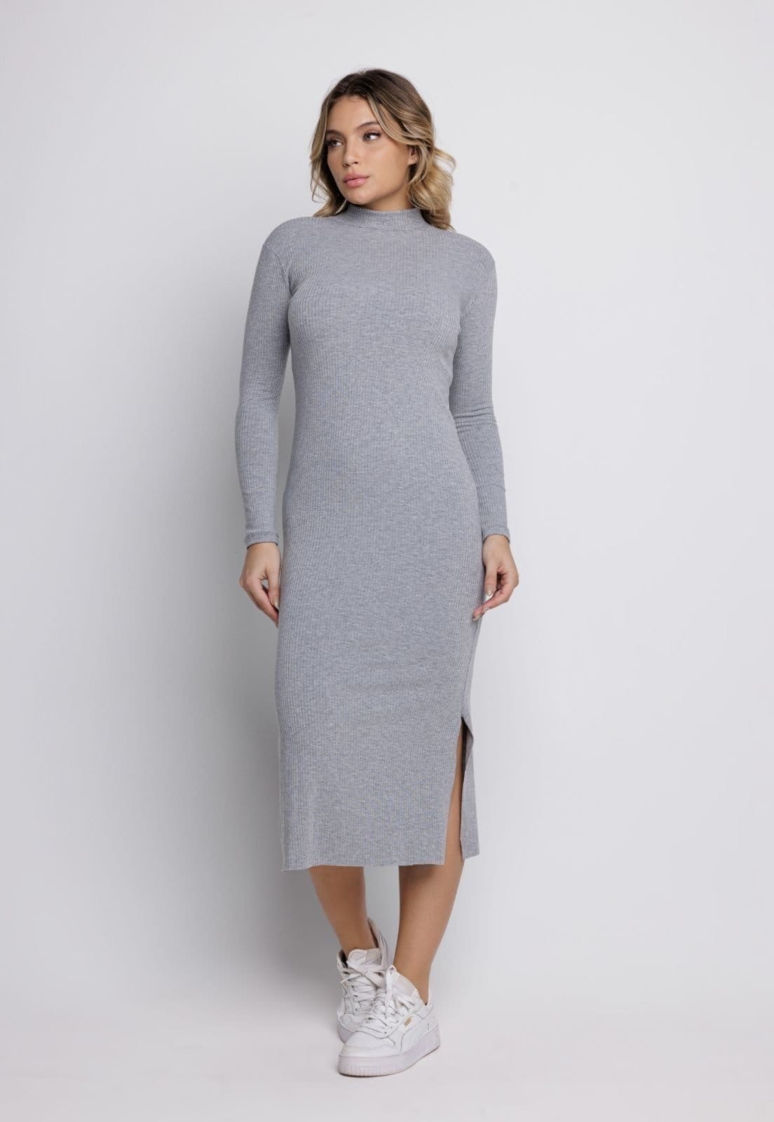 Vestido Midi Gola Alta Manga Longa Vekyo Canelado