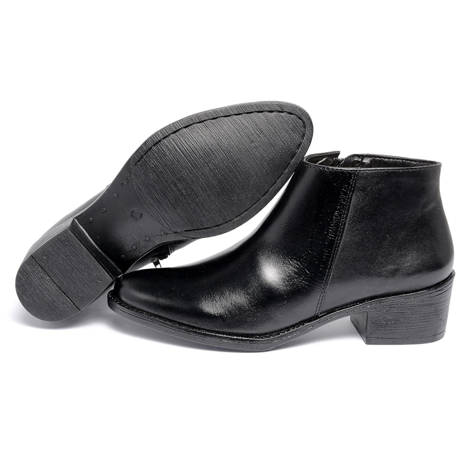 Bota Cano Curto Feminina Ferrile em Couro Salto Bloco Ziper Preta - 2