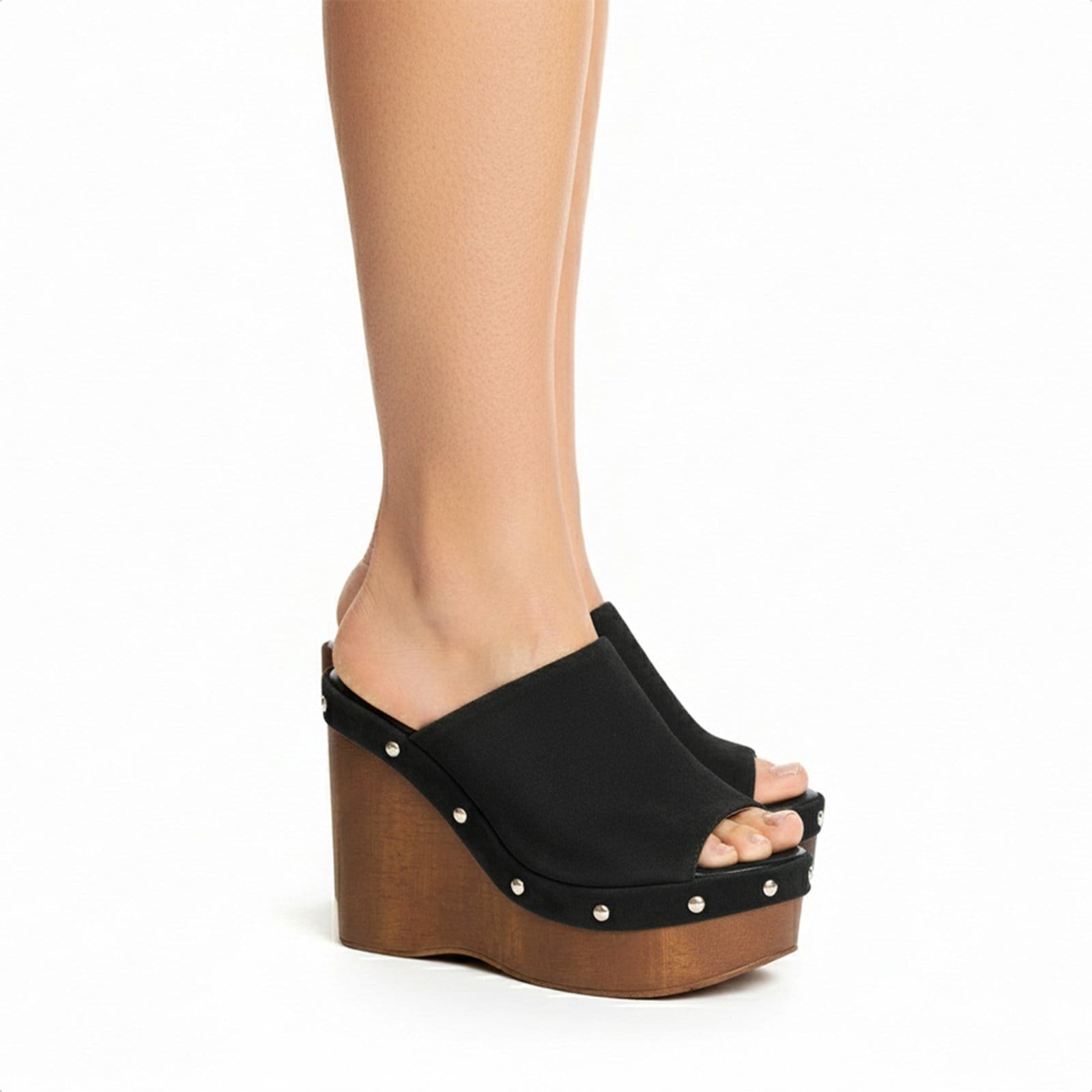 Vista 2 Sandália Feminina Anabela Com Tachas Salto Plataforma Madeira Elegante Preta Domidona preto