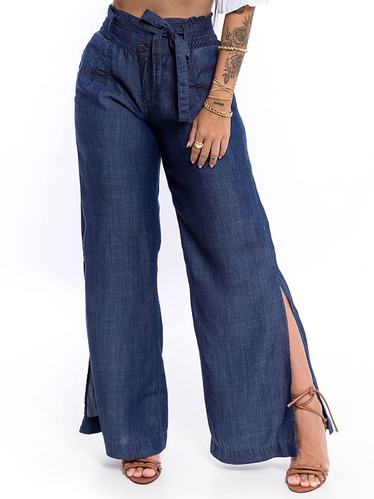 Vista 2 Calça Pantalona Restrito Jeans Liocel com Lastex ESCURO Restrito Jeans azul