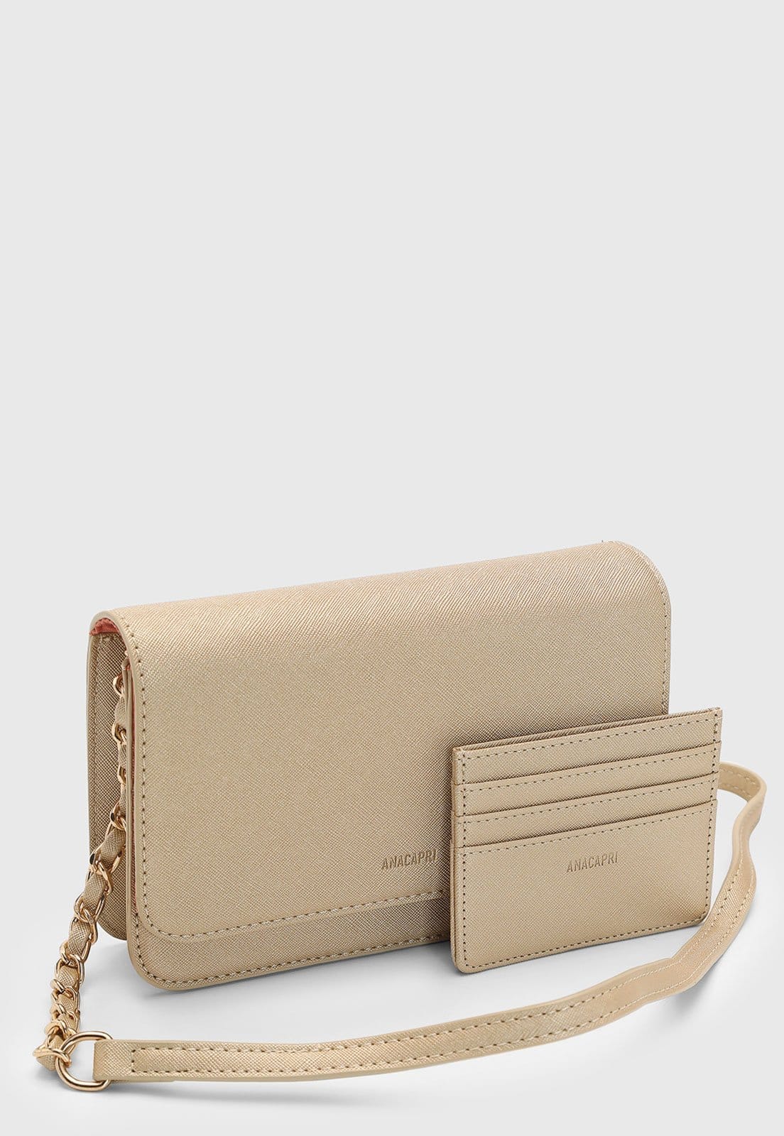 Vista 2 Kit Bolsa e porta cartão Feminina Anacapri Pequena Alça Corrente Anacapri bege
