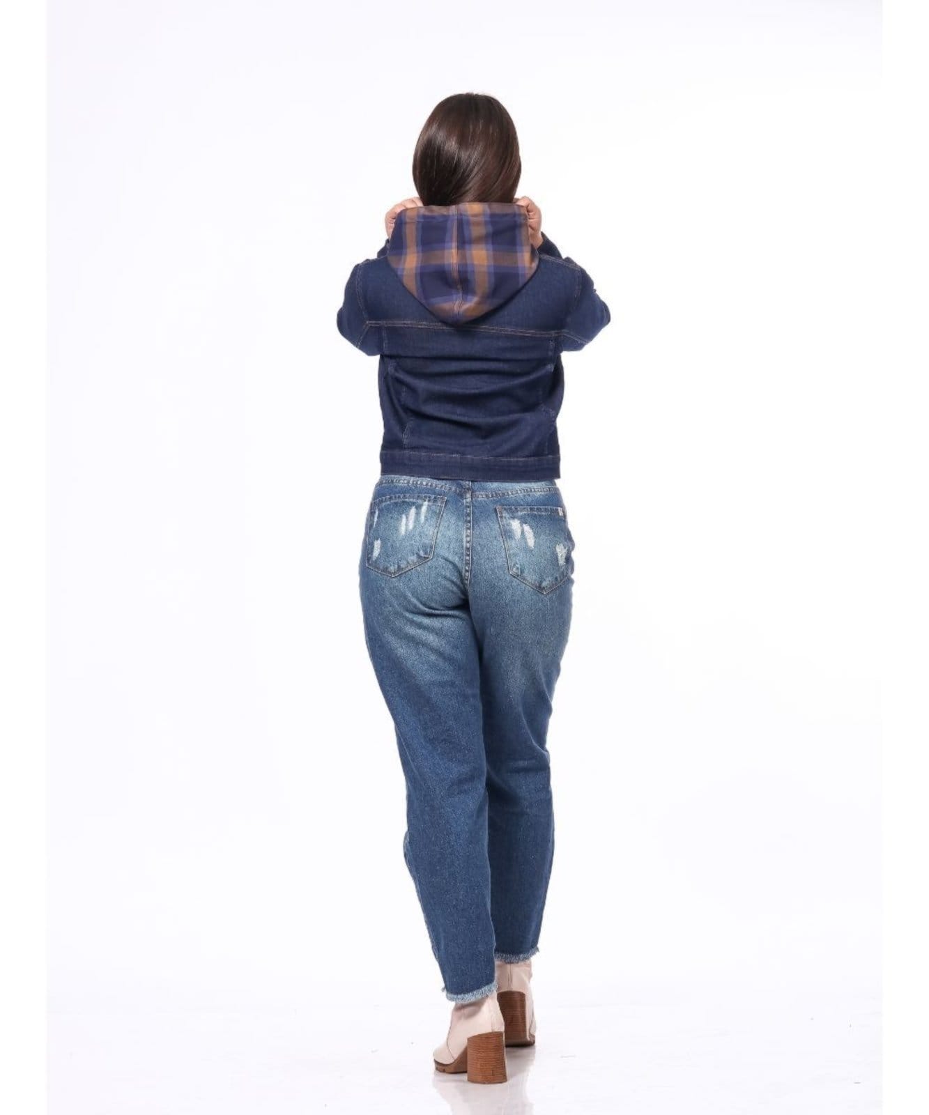 Vista 2 Jaqueta Feminina Razon jeans Capuz Removivel Xadrez Azul Lavagem escura Razon Jeans jeans azul