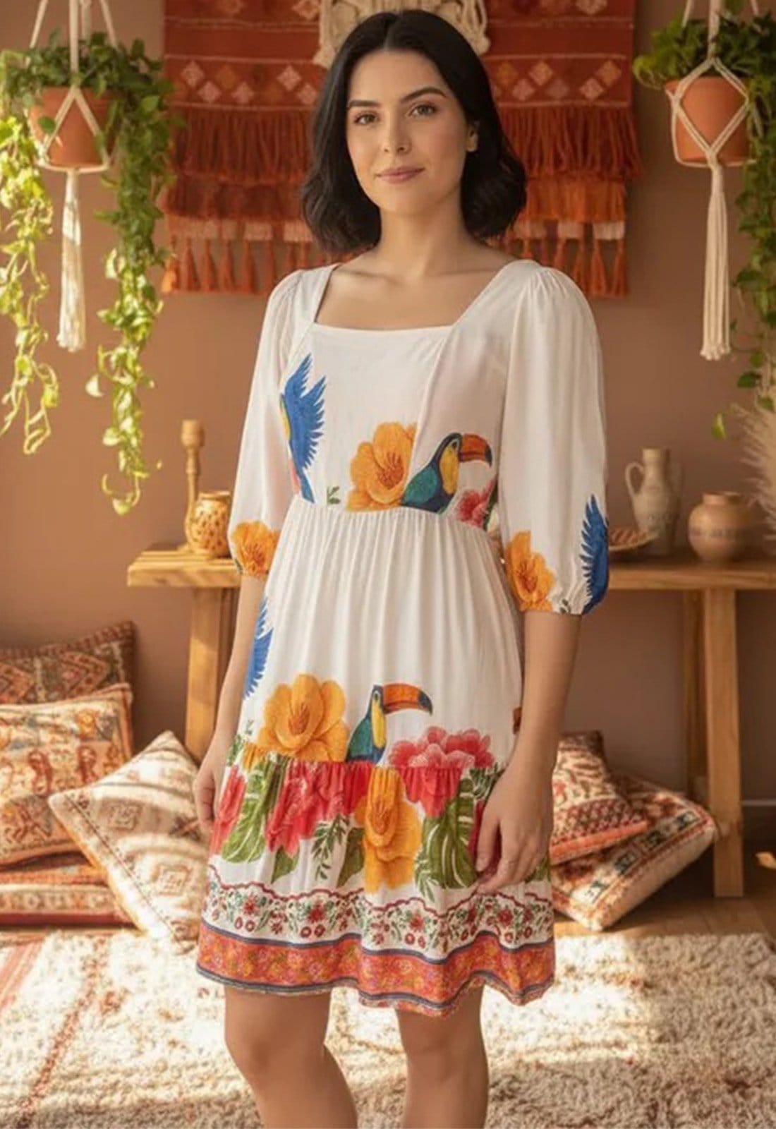 Vista 2 Vestido Curto Amazonia Vital Fauna e Flora I Amazonia Vital laranja/verde/vermelho