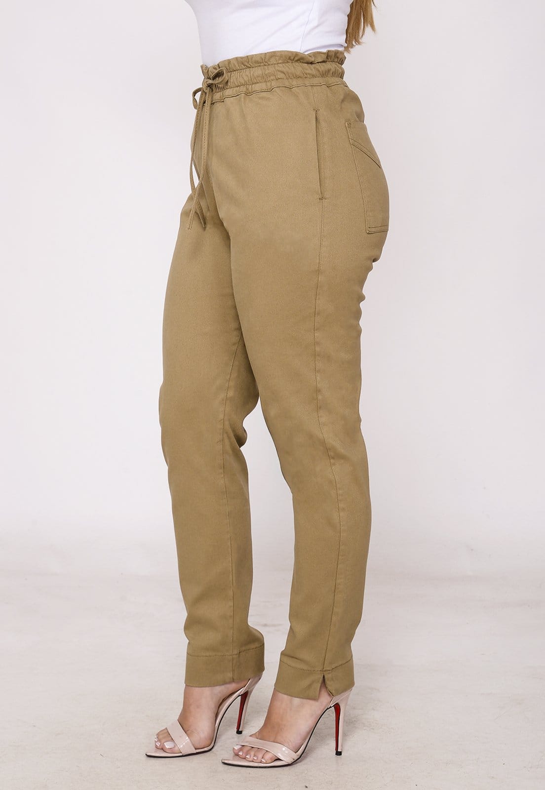 Vista 2 Calça Sarja Skinny Feminina Cintura Alta com Elastano e Amarração Conforto e Estilo Casual Macaw bege/cáqui