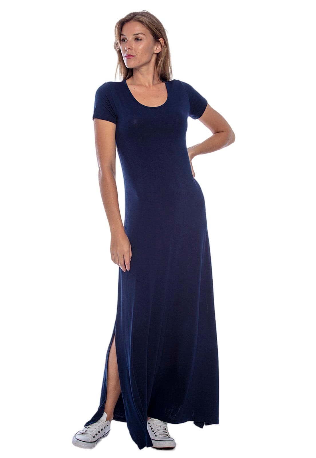 Vista 2 Vestido Longo Malha Gola Canoa Manga Curta Amazonia Vital Amazonia Vital azul