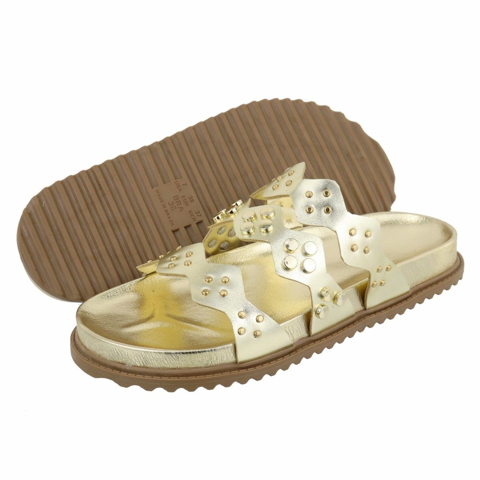 Vista 2 Sandalia Papete Rasteira Flat Feminina Ouro Light Bolinhas TELLINI STORE off-white