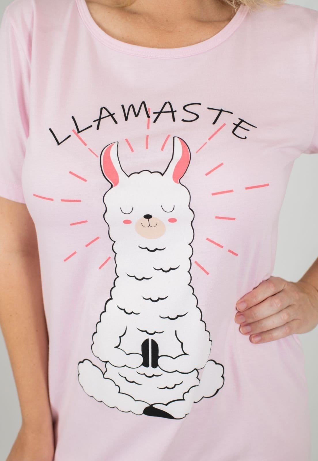 Vista 2 Camisola Algodão Plus Size Manga Curta Lhamaste Piante rosa