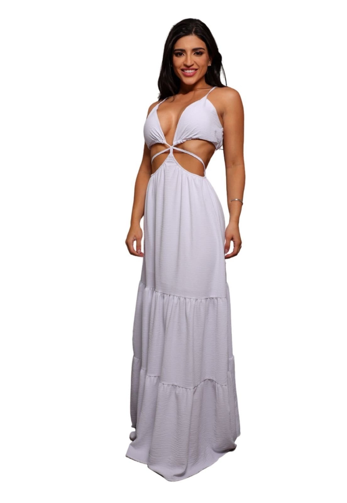 Vestido Longo Amarração Decote em V abertura Lateral Festa Réveillon Bela