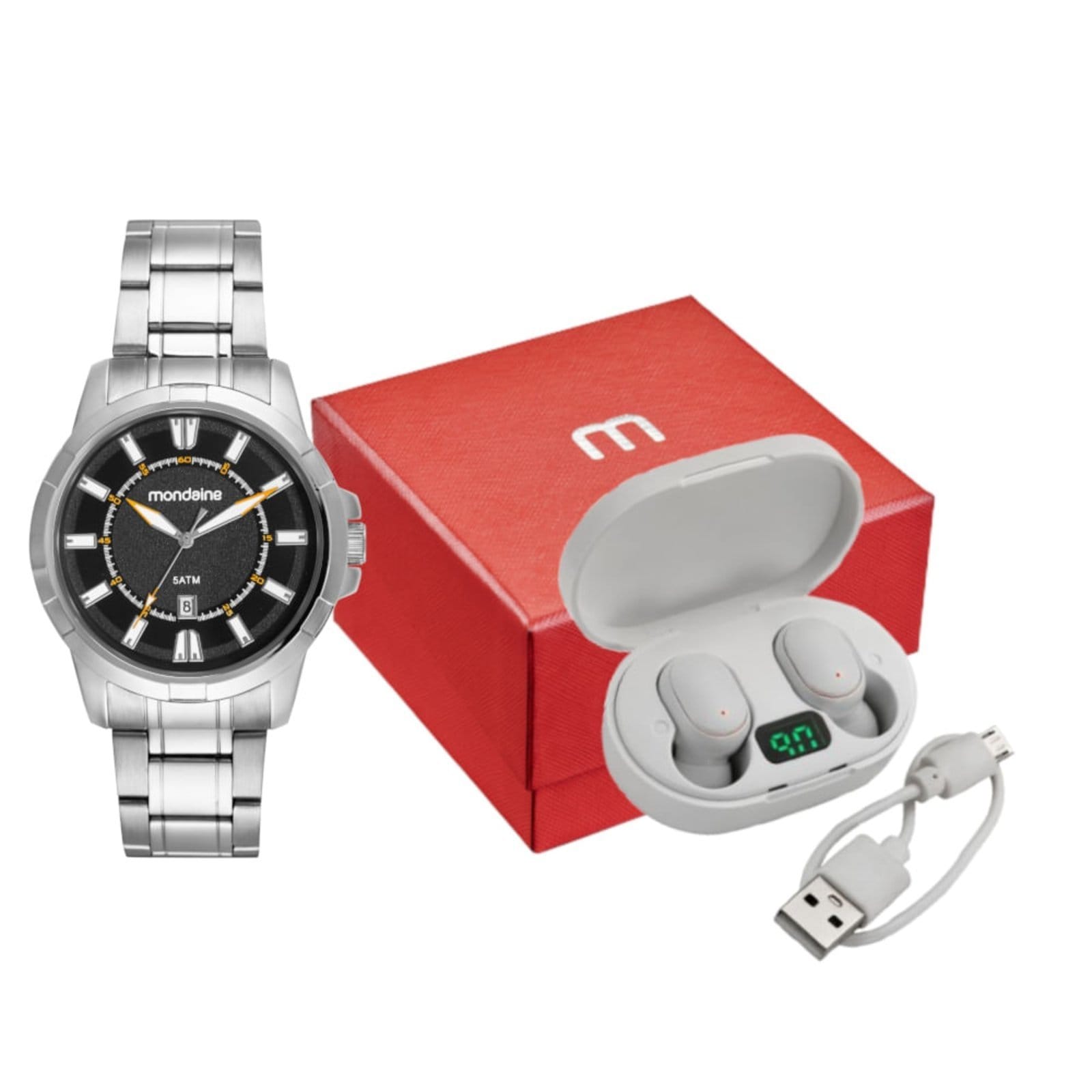 Vista principal Kit Relógio Masculino Clássico Com Fone Bluetooth Mondaine prata