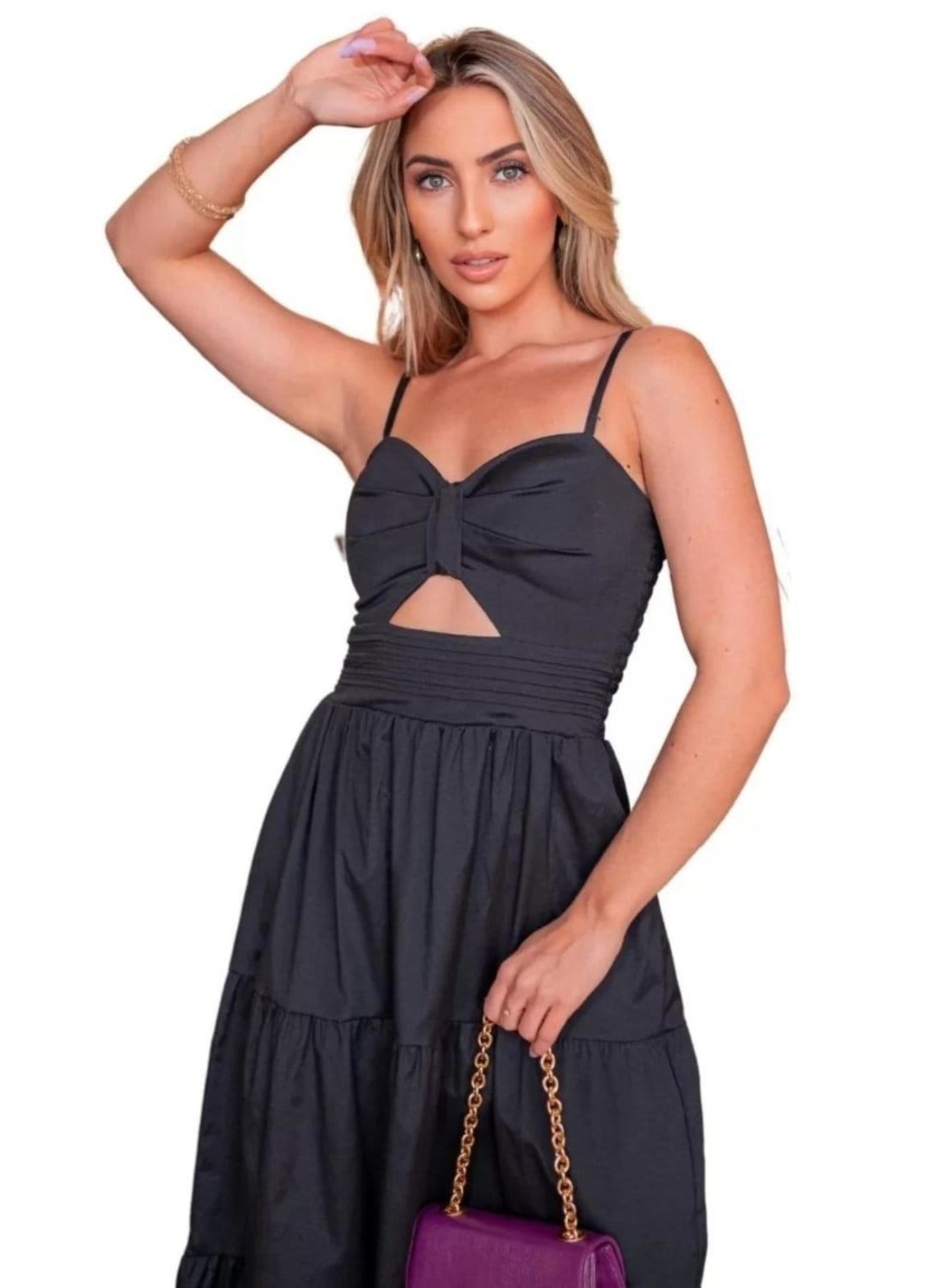 Vista 2 Vestido Midi Viscolinho Abertura Alcinha Cia do Vestido pink/preto/rosa/roxo